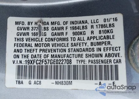 2016 Honda Civic Lx из США, поврежденный, VIN 19XFC2F57GE022708